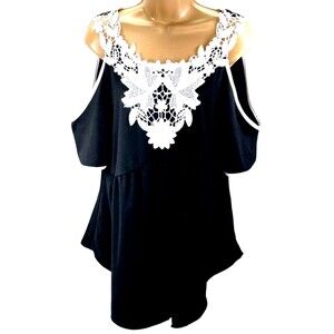 Joress Curve Crochet Lace Cold Shoulder Top 2XL Women Black Whimsigoth Fairy Y2K